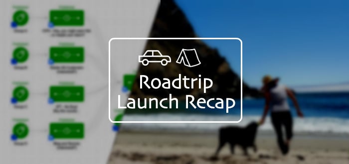 Roadtrip Blog Header - Background has half an Infusionsoft campaign and women on beach with dog