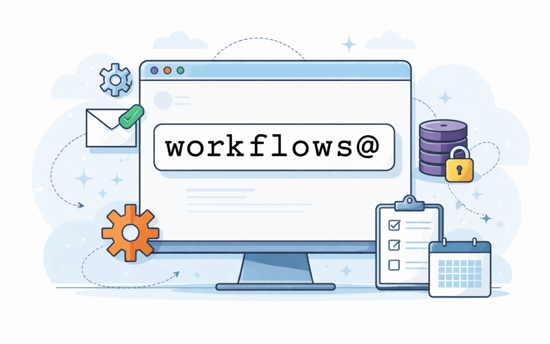 Illustration showing “workflows@” in a computer-style font, surrounded by icons for email, settings, security, and calendar—representing automated system tools.